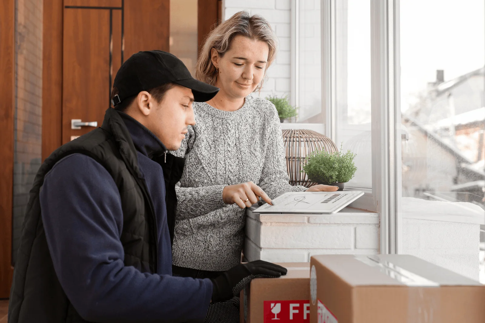 Delivery worker in cap handing parcel and tablet to woman at new home